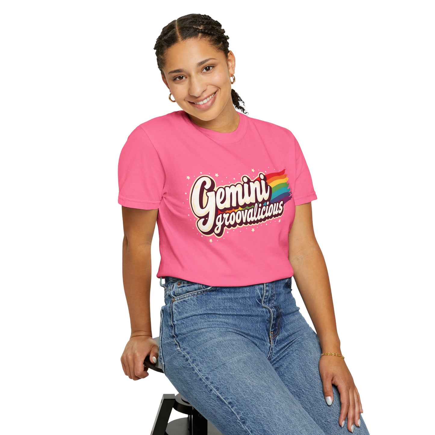 Gemini Groovalicious - Retro Rainbow Script Zodiac Tee