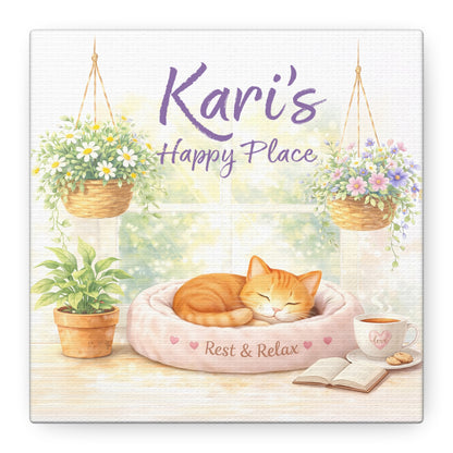 Personalized Cat Canvas Print - "Kari's Happy Place" Cozy Pet Wall Art