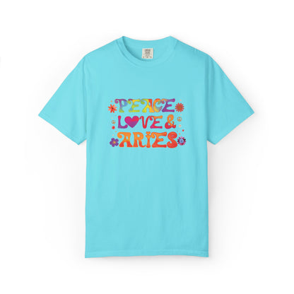 Peace Love & Aries – Colorful Retro Zodiac Tee
