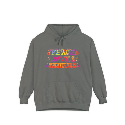 Peace Love & Sagittarius Unisex Hoodie – Groovy Retro Comfort Colors Midweight Hoodie