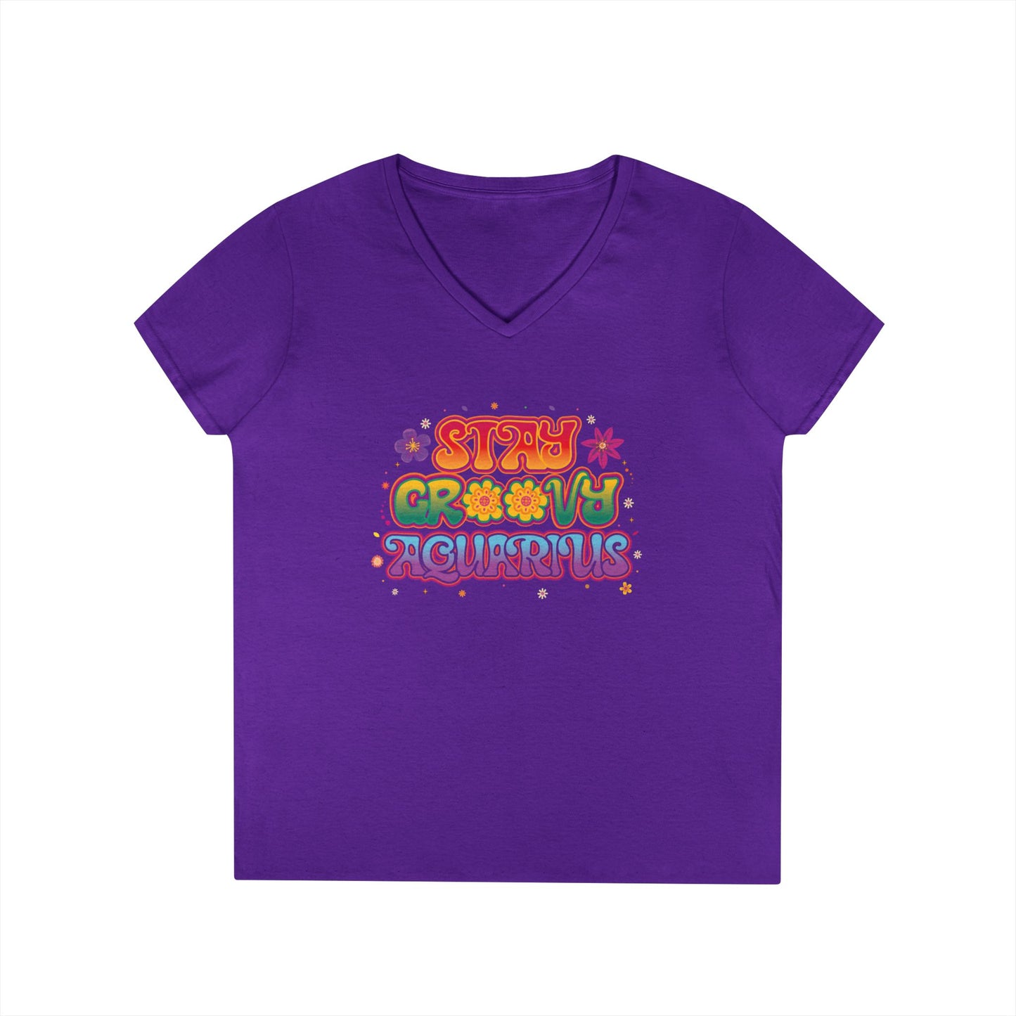 Stay Groovy Aquarius Women’s V-Neck Tee – Empowering Retro Zodiac Shirt