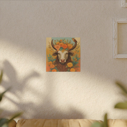 Bull with Bird – Floral Serenity Wall Art (Taurus Inspired), Square