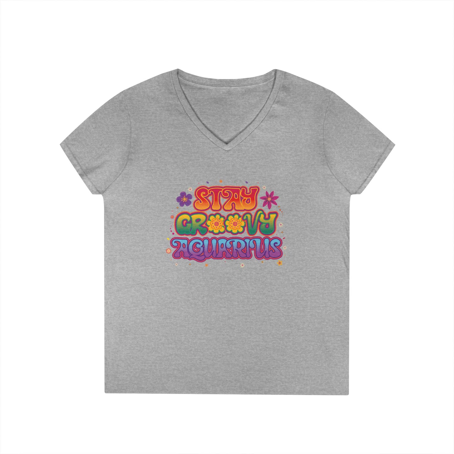Stay Groovy Aquarius Women’s V-Neck Tee – Empowering Retro Zodiac Shirt