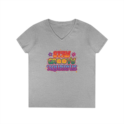 Stay Groovy Aquarius Women’s V-Neck Tee – Empowering Retro Zodiac Shirt