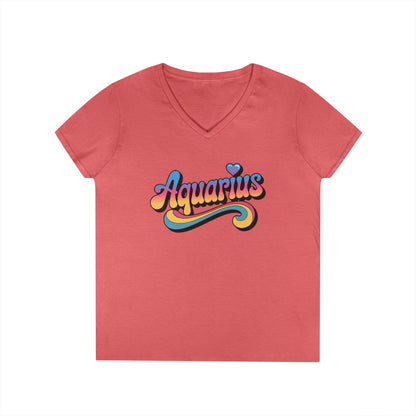 Retro Aquarius Women's V-Neck Tee – Empowering Colorful Zodiac Shirt