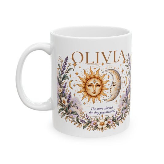 Personalized Zodiac Mug, Custom Name Coffee Mug, Boho Celestial Sun Moon Mug, Astrology Birthday Gift, Floral Boho Mug