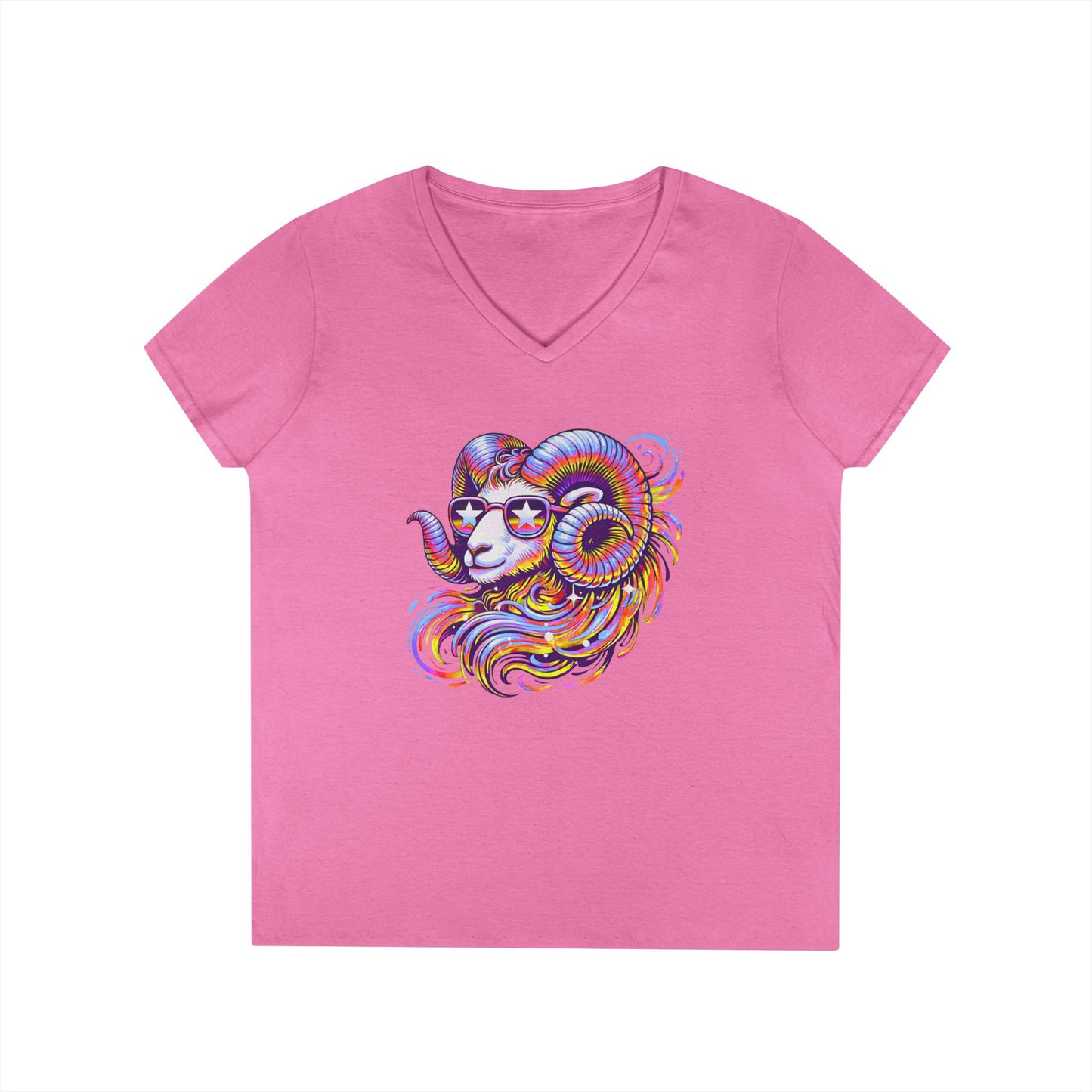 Psychedelic Ram Women’s V-Neck Tee – Empowering Aries Zodiac Shirt