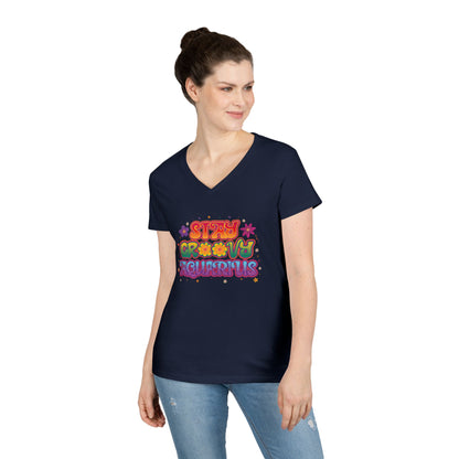 Stay Groovy Aquarius Women’s V-Neck Tee – Empowering Retro Zodiac Shirt