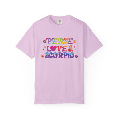 Peace Love & Scorpio Tee – Colorful Retro Zodiac Shirt