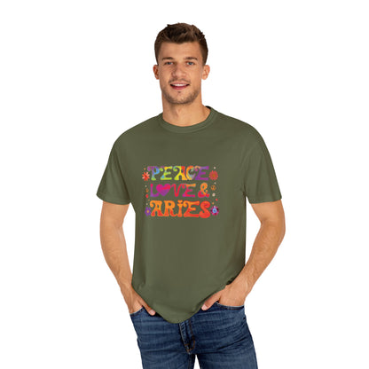 Peace Love & Aries – Colorful Retro Zodiac Tee
