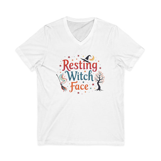 Resting Witch Face V-Neck Tee – Funny Magical Colorful Shirt