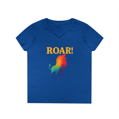 Roar Lion Women’s V-Neck Tee – Empowering Rainbow Zodiac Leo Shirt