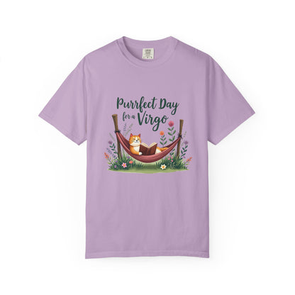 Purrfect Day for a Virgo – Cozy Cat & Hammock Zodiac Tee