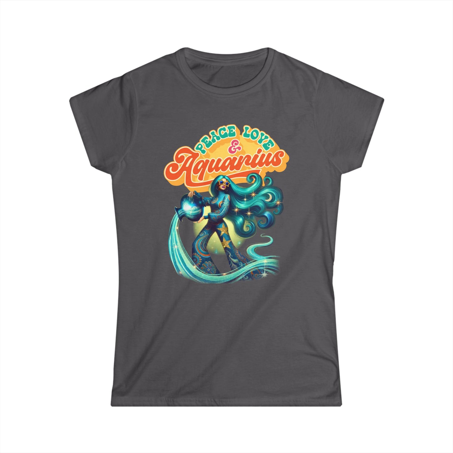 Peace Love Aquarius Women’s Softstyle Tee – Empowering Retro Zodiac Shirt