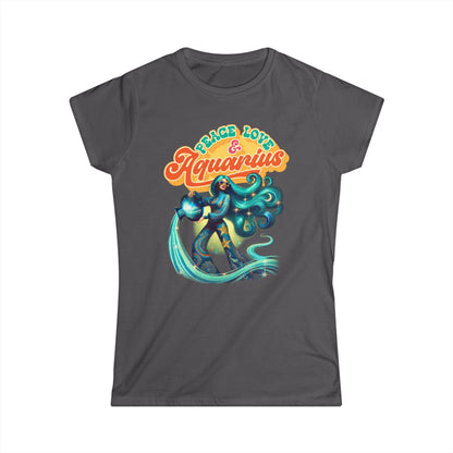Peace Love Aquarius Women’s Softstyle Tee – Empowering Retro Zodiac Shirt