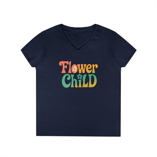 Flower Child Women’s V-Neck Tee – Empowering Retro Floral Colorful Shirt