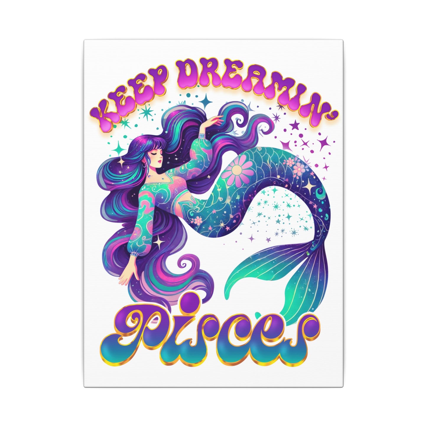Keep Dreamin’ Pisces Mermaid – Retro Rainbow Zodiac Canvas Wall Art