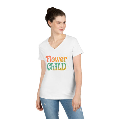 Flower Child Women’s V-Neck Tee – Empowering Retro Floral Colorful Shirt