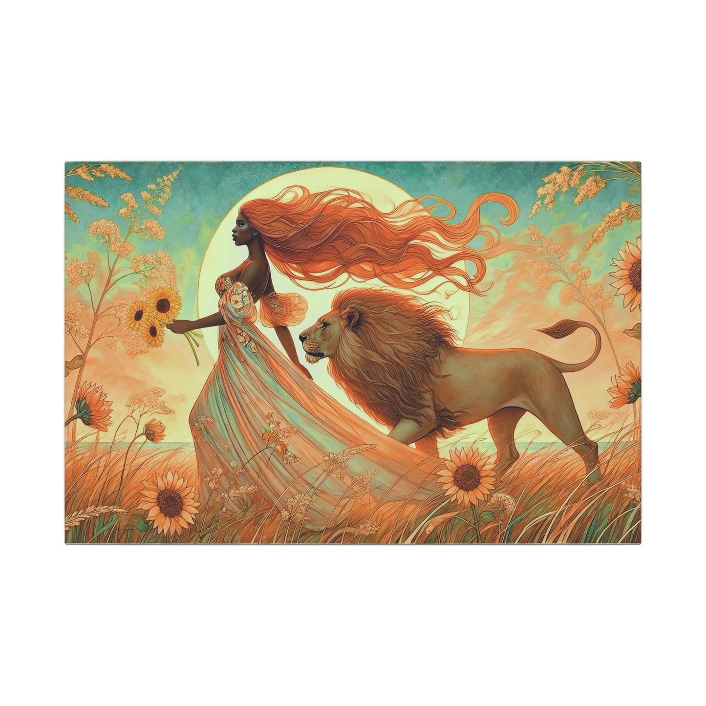 Leo Zodiac Wall Art, Lion Goddess Canvas Print, Astrology Home Decor, Leo Gift for Her, Sunflower Leo Painting, Star Sign Wall Decor