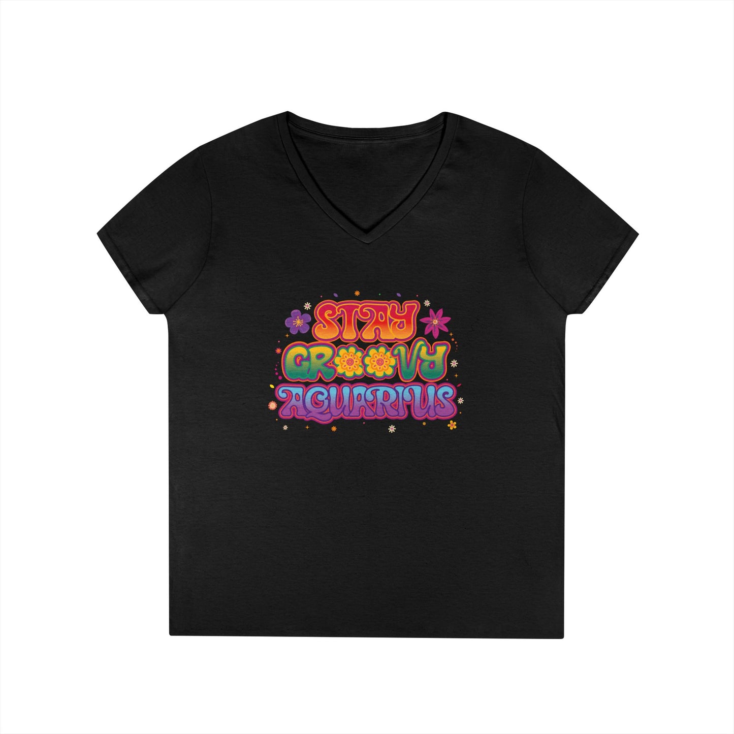 Stay Groovy Aquarius Women’s V-Neck Tee – Empowering Retro Zodiac Shirt