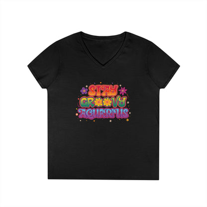 Stay Groovy Aquarius Women’s V-Neck Tee – Empowering Retro Zodiac Shirt