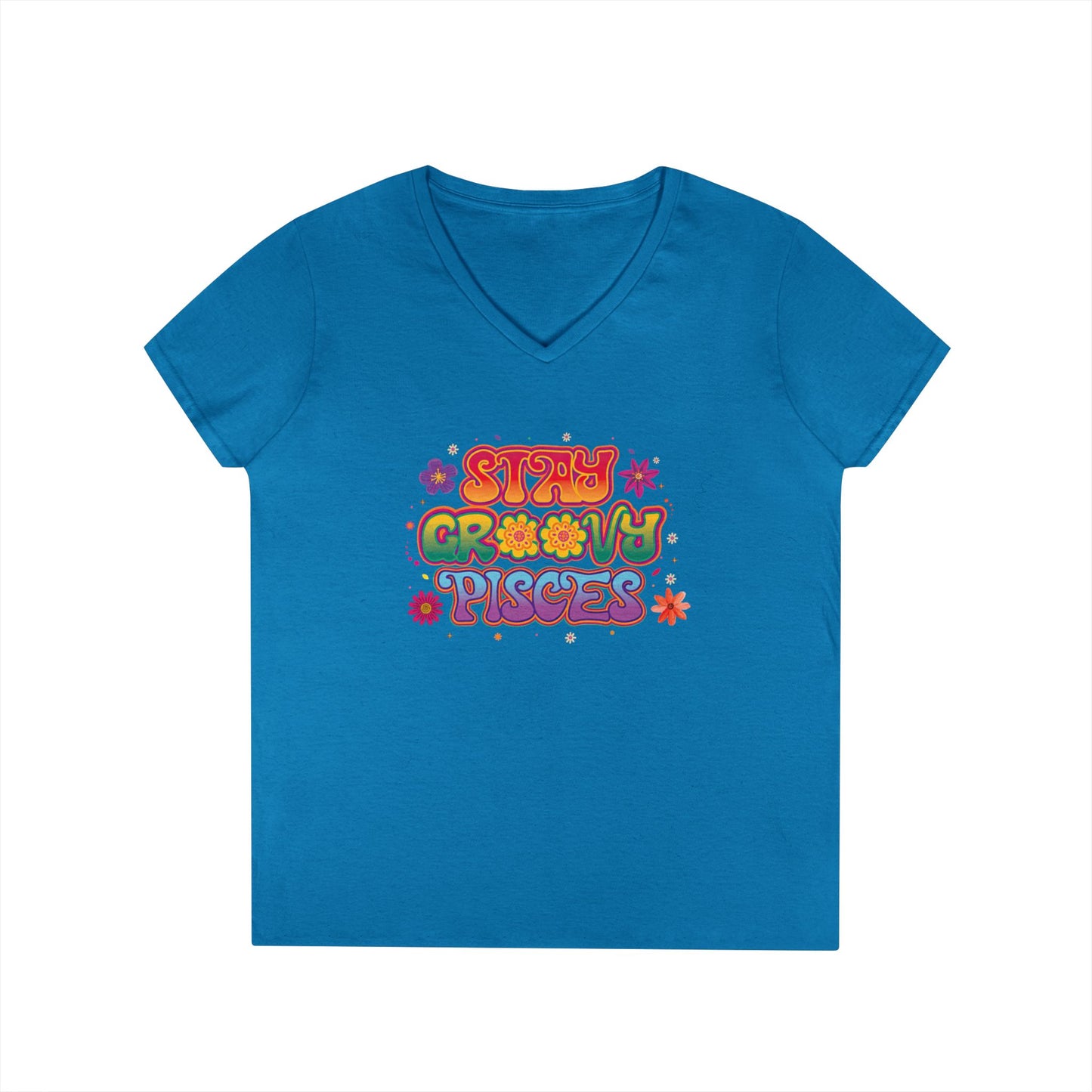 Stay Groovy Pisces Women’s V-Neck Tee – Empowering Retro Zodiac Shirt