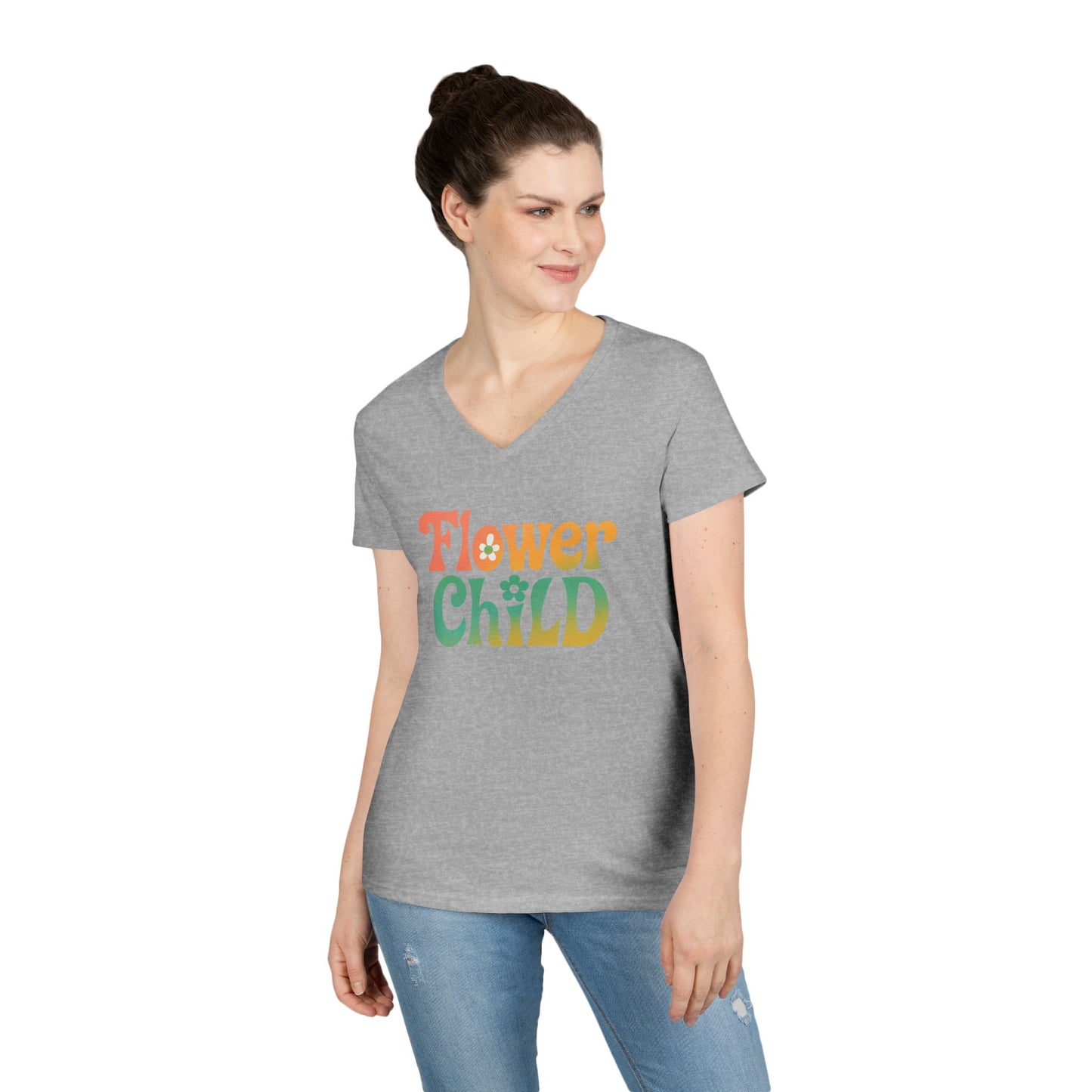 Flower Child Women’s V-Neck Tee – Empowering Retro Floral Colorful Shirt