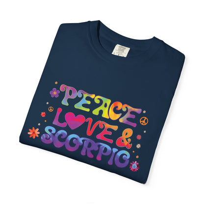 Peace Love & Scorpio Tee – Colorful Retro Zodiac Shirt