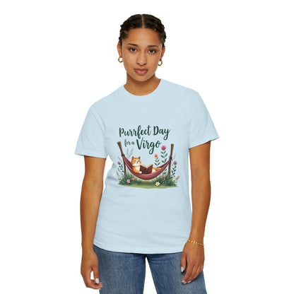 Purrfect Day for a Virgo – Cozy Cat & Hammock Zodiac Tee