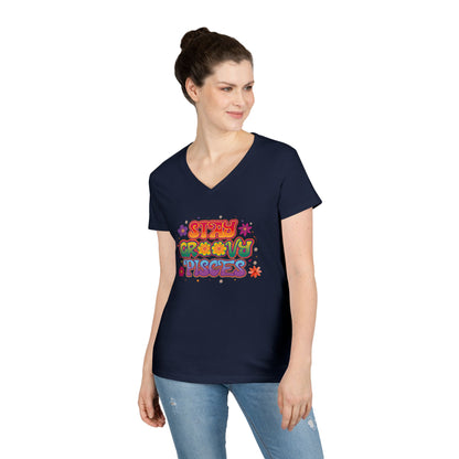 Stay Groovy Pisces Women’s V-Neck Tee – Empowering Retro Zodiac Shirt