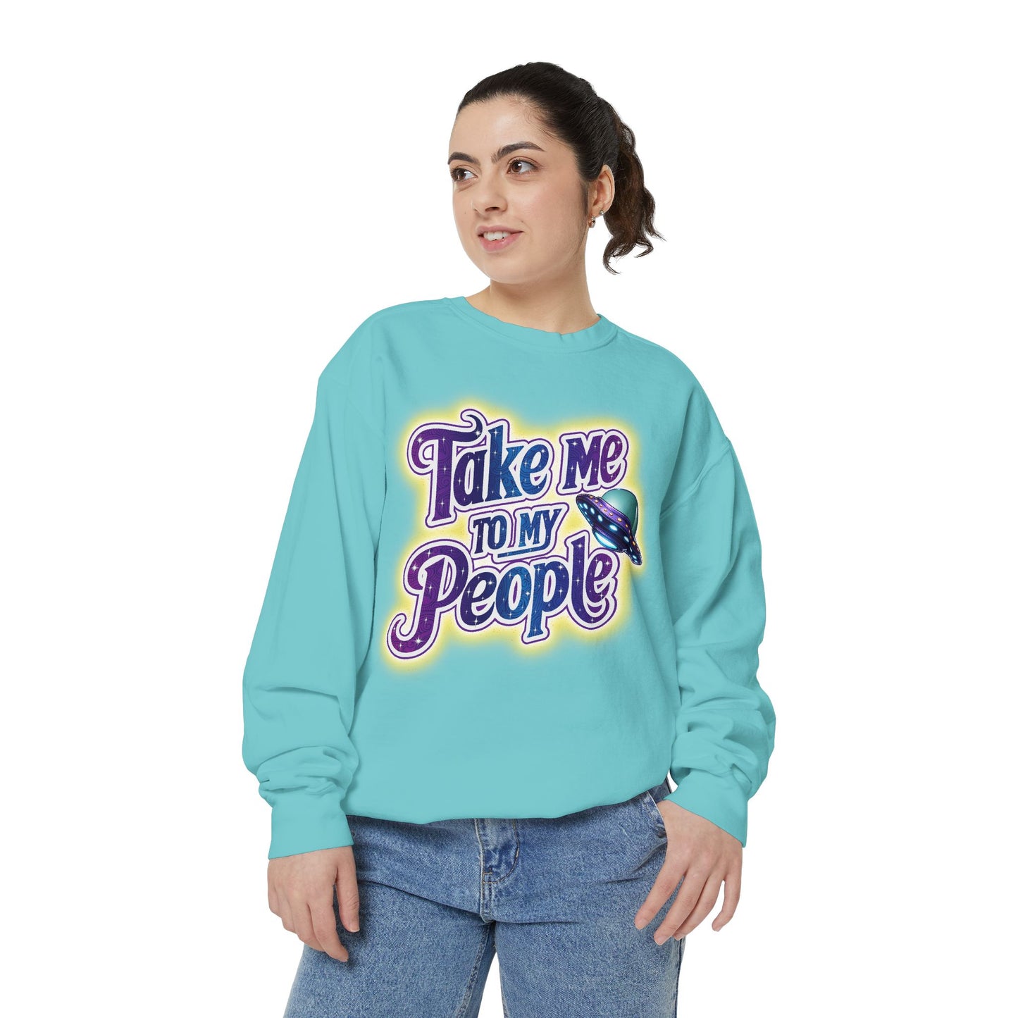 Take Me To My People  – Retro Funny UFO Alien Sweatshirt | Comfort Colors Unisex Pullover