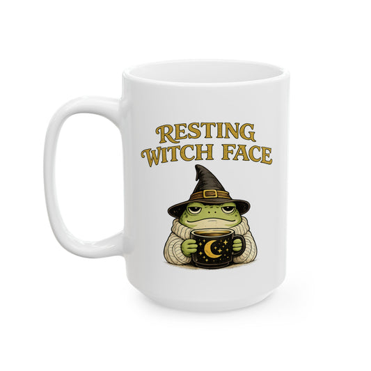 Resting Witch Face Funny Frog Mug | Cottagecore Witchy Toad Coffee Cup | White