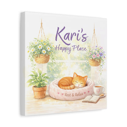 Personalized Cat Canvas Print - "Kari's Happy Place" Cozy Pet Wall Art