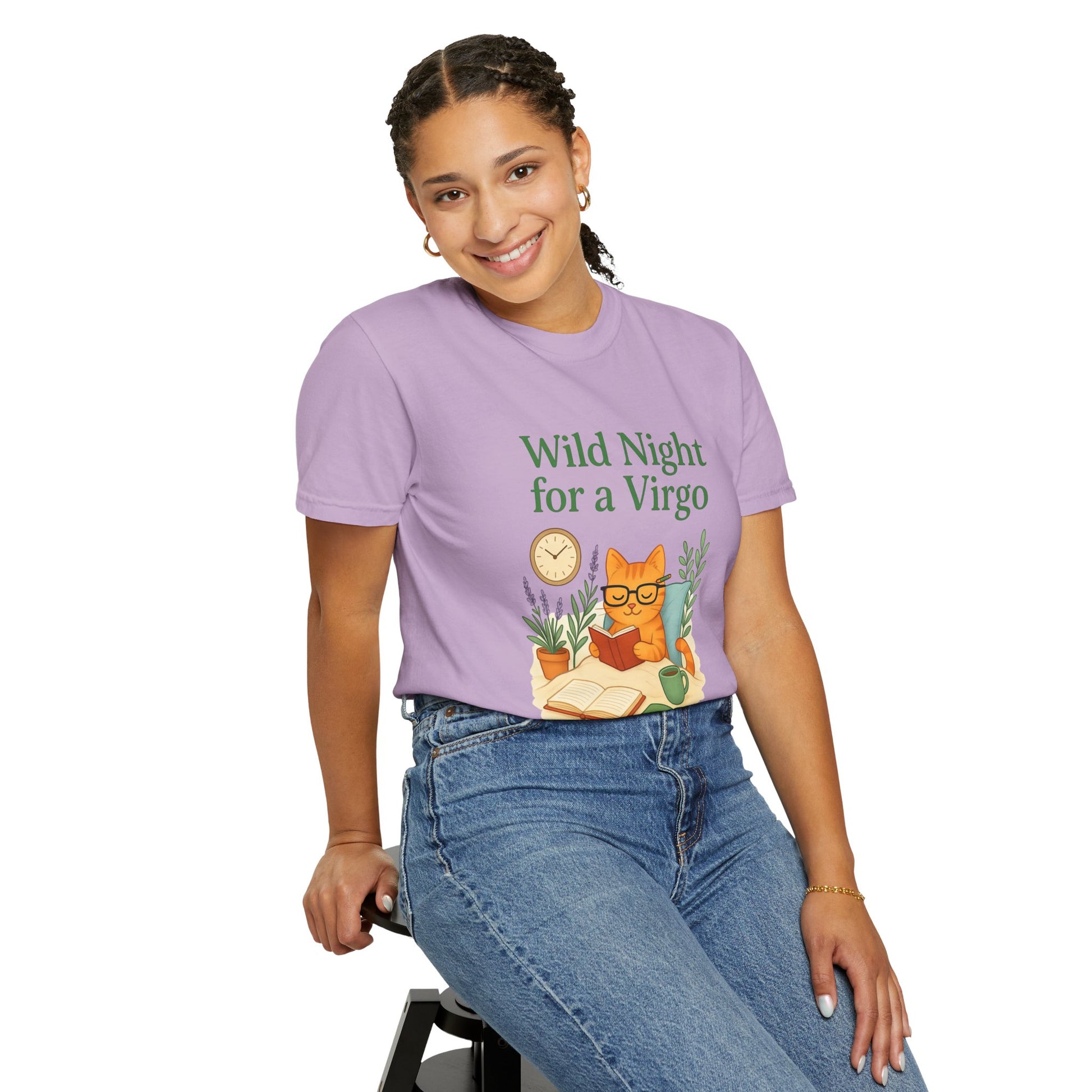 Wild Night for a Virgo – Cozy Cat Tee for Bookish Earth Signs