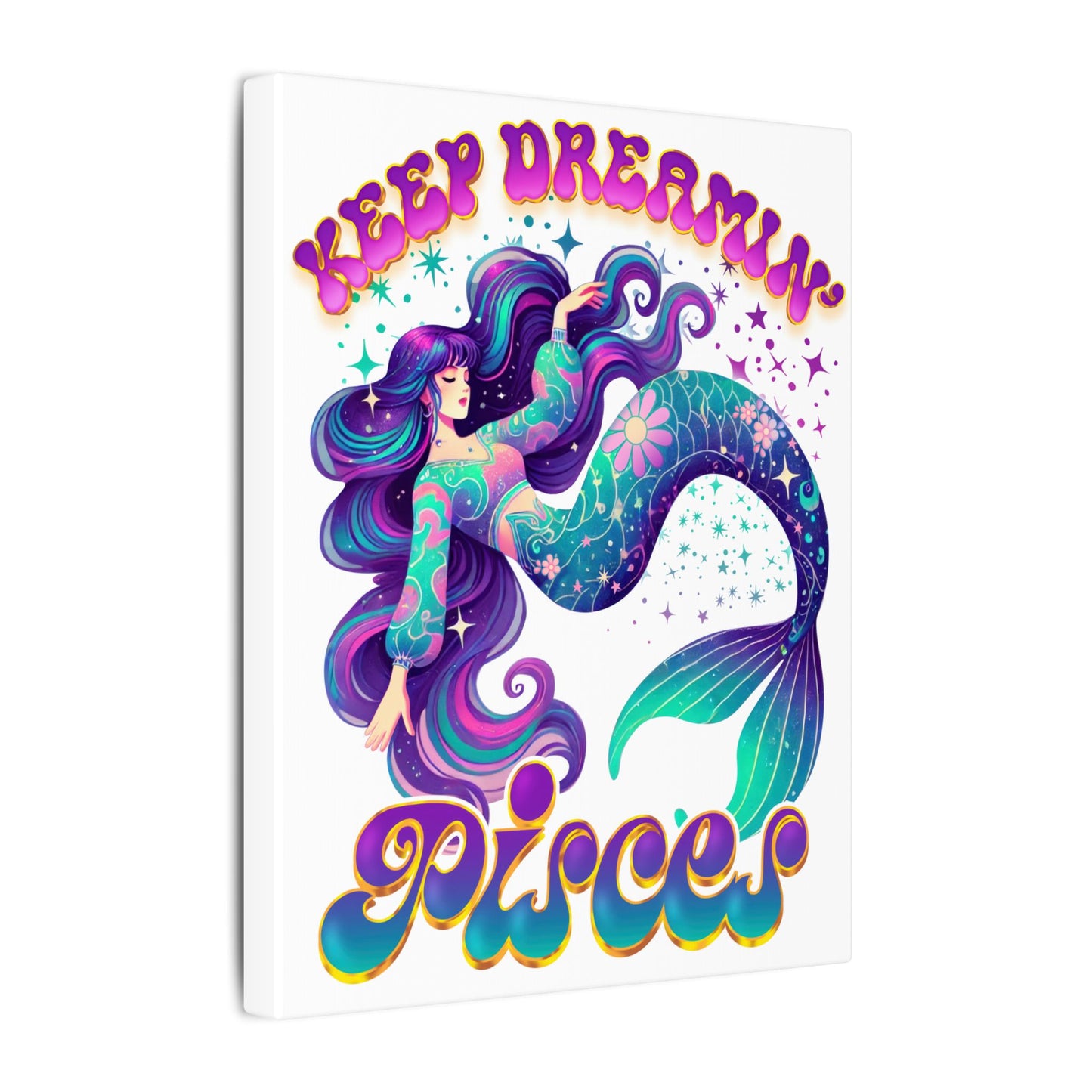 Keep Dreamin’ Pisces Mermaid – Retro Rainbow Zodiac Canvas Wall Art