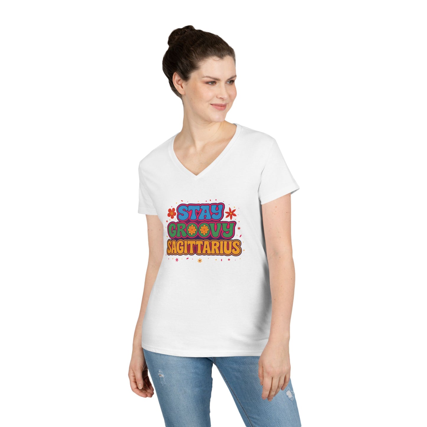 Stay Groovy Sagittarius Women’s V-Neck Tee – Empowering Retro Zodiac Shirt