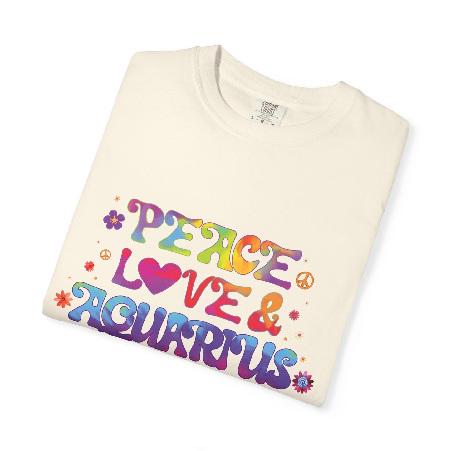 Peace Love & Aquarius Tee – Groovy Multicolor Zodiac Shirt