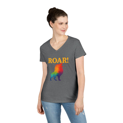 Roar Lion Women’s V-Neck Tee – Empowering Rainbow Zodiac Leo Shirt