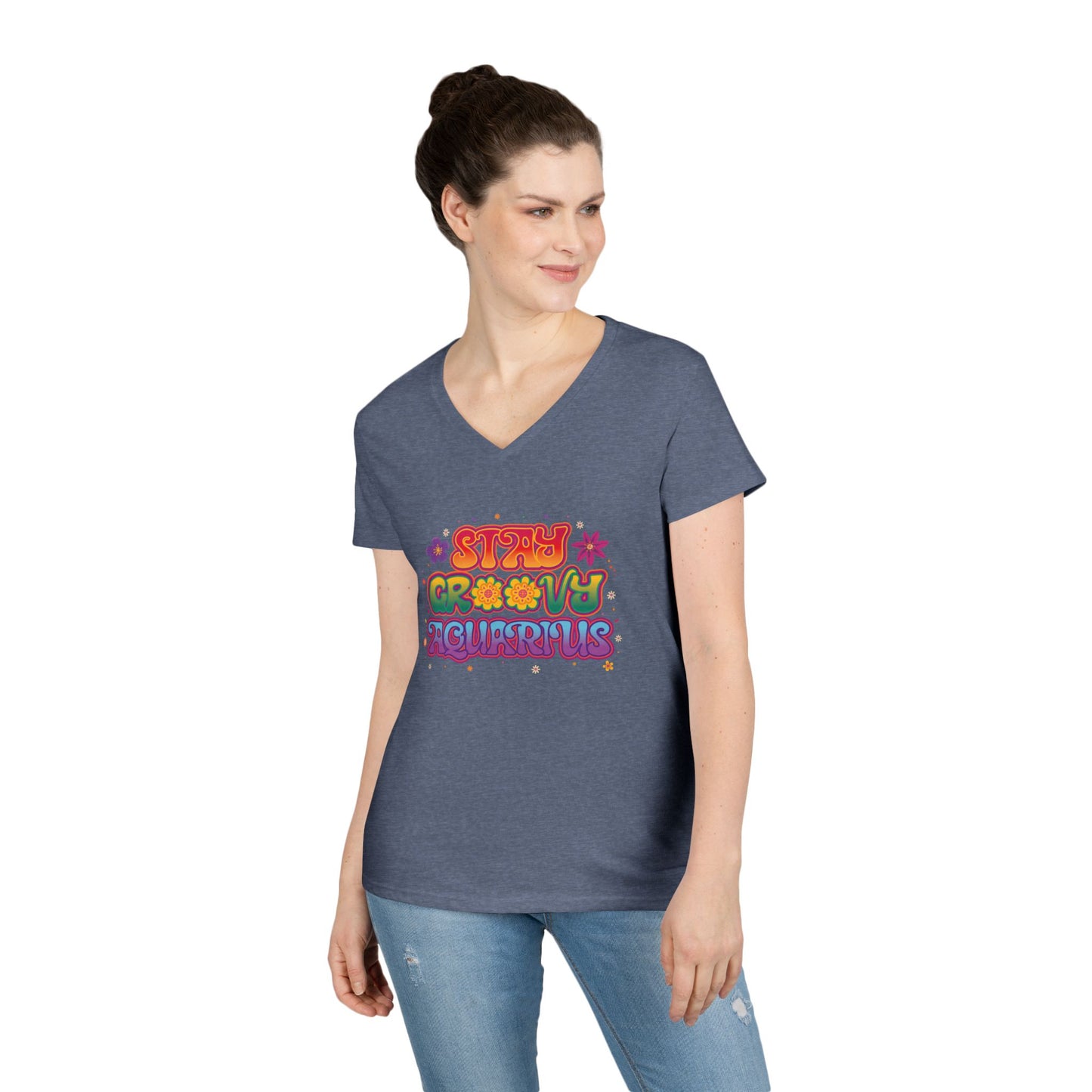 Stay Groovy Aquarius Women’s V-Neck Tee – Empowering Retro Zodiac Shirt