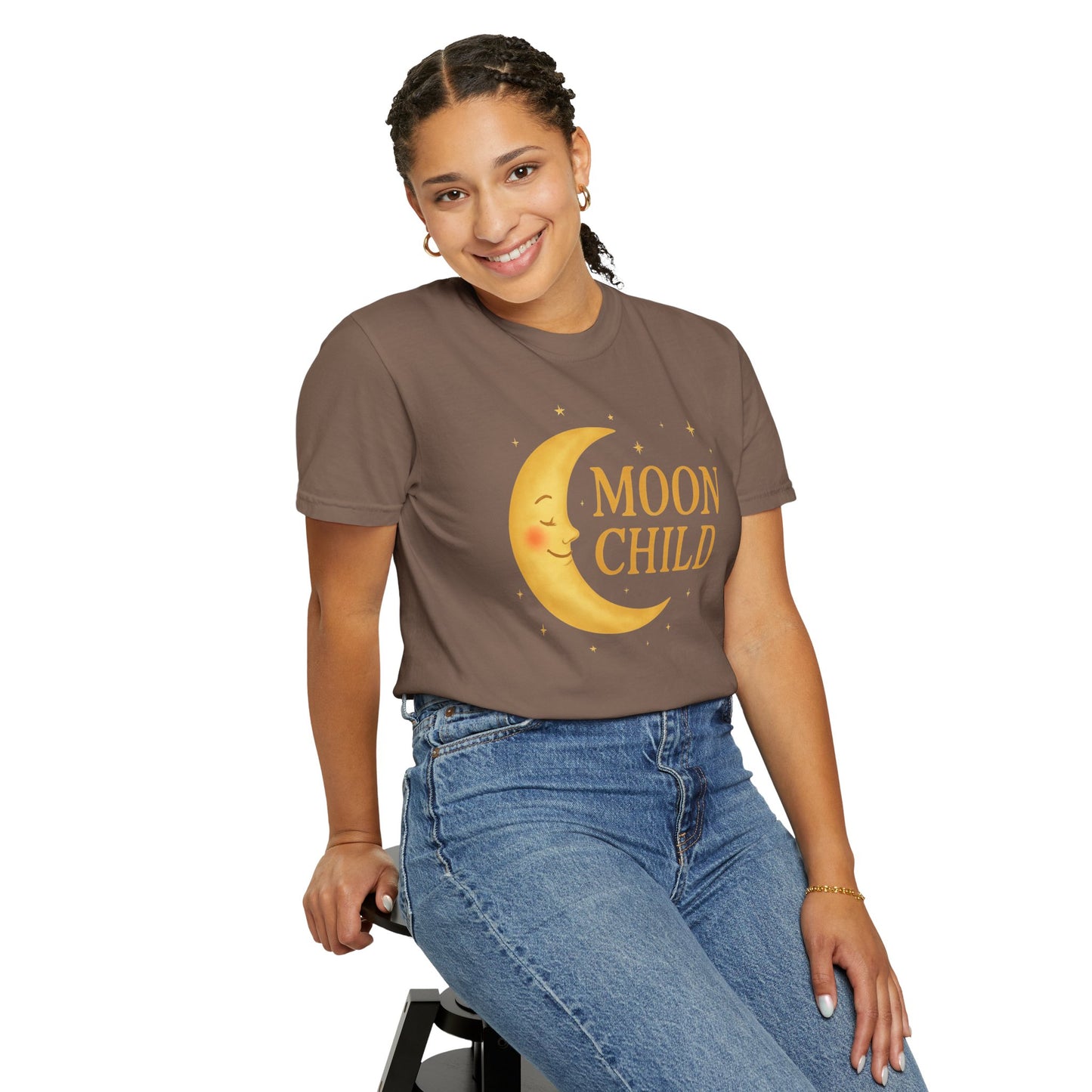 Moon Child Crescent Tee – Vibrant Golden Celestial Comfort Colors 1717 Shirt