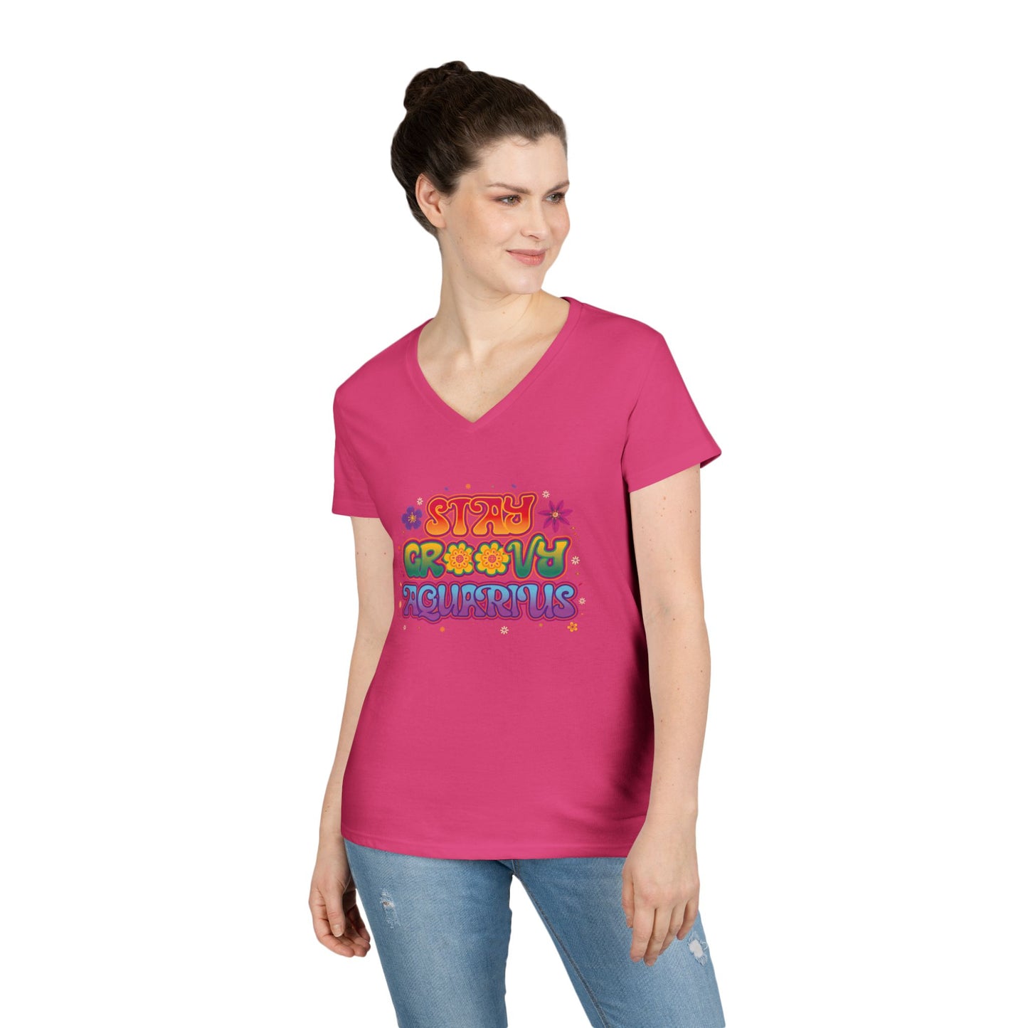 Stay Groovy Aquarius Women’s V-Neck Tee – Empowering Retro Zodiac Shirt