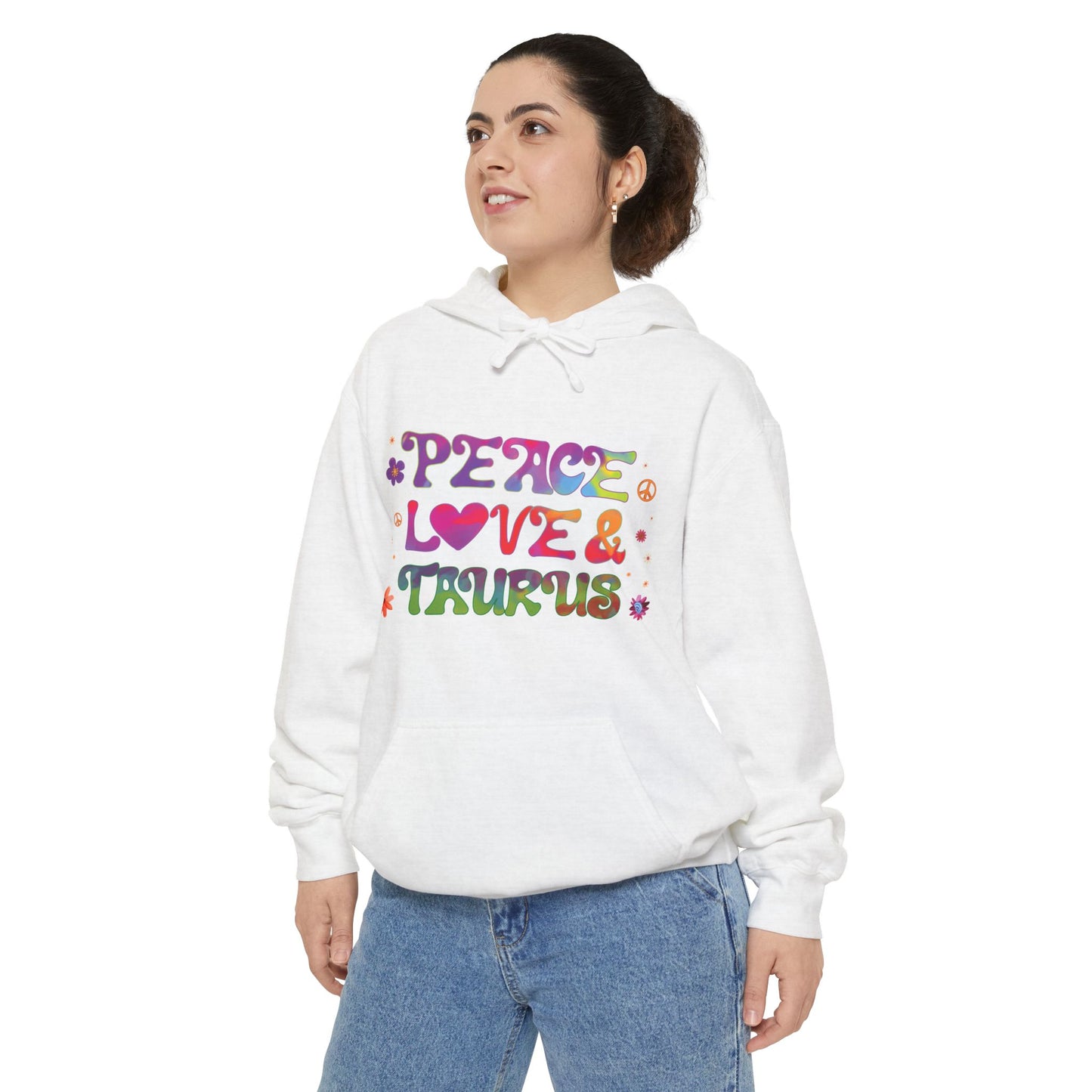 Peace Love & Taurus Unisex Hoodie – Groovy Retro Comfort Colors Midweight Hoodie