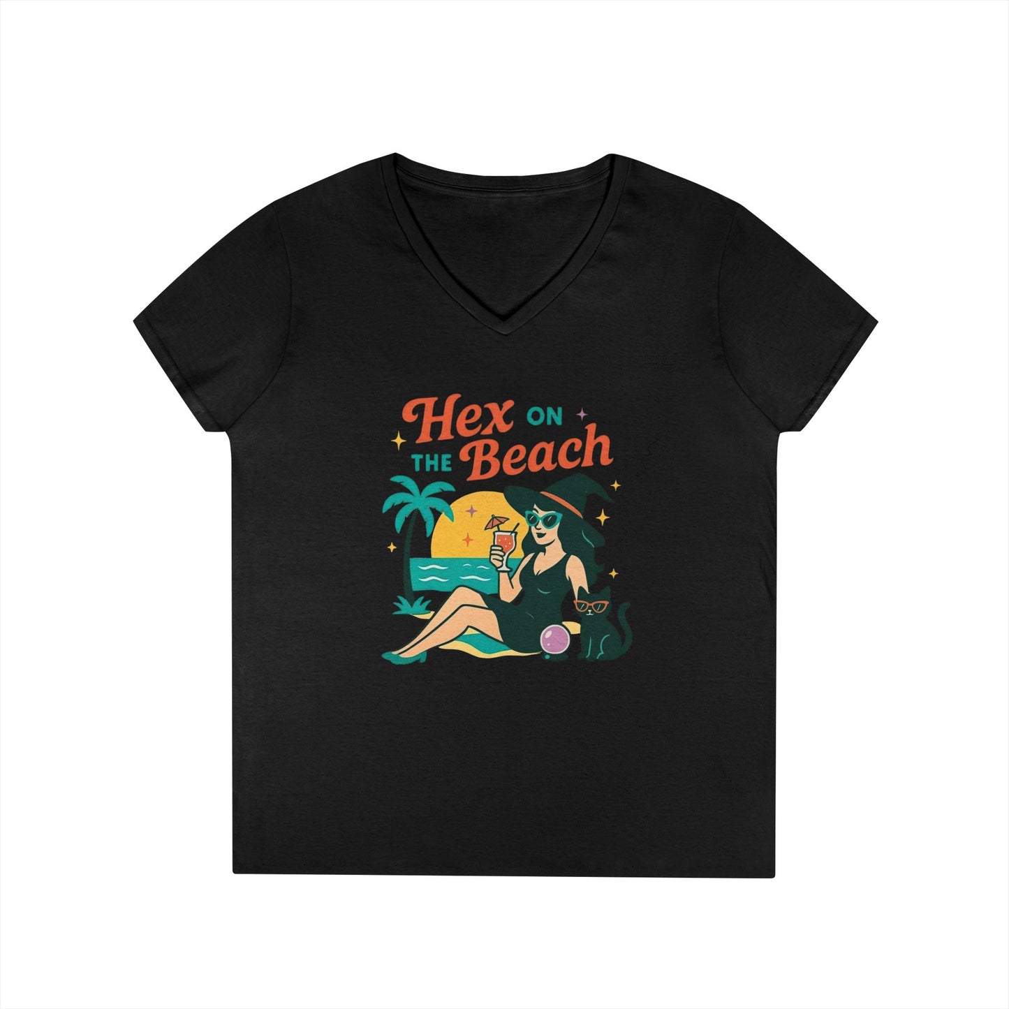 Hex on the Beach Women’s V-Neck Tee – Funny Magical Tropical Witch Shirt