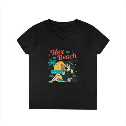 Hex on the Beach Women’s V-Neck Tee – Funny Magical Tropical Witch Shirt
