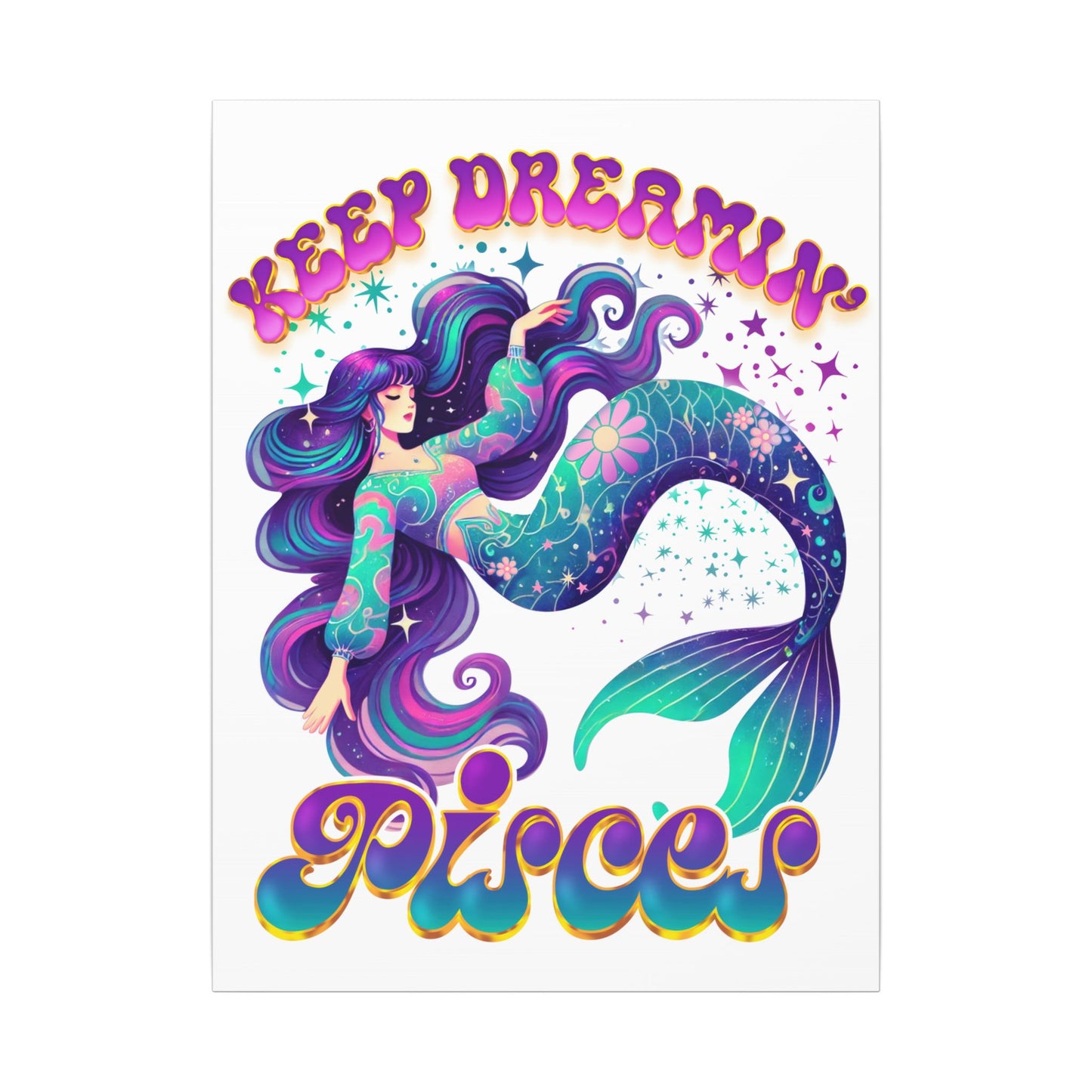 Keep Dreamin’ Pisces Mermaid – Retro Rainbow Zodiac Canvas Wall Art