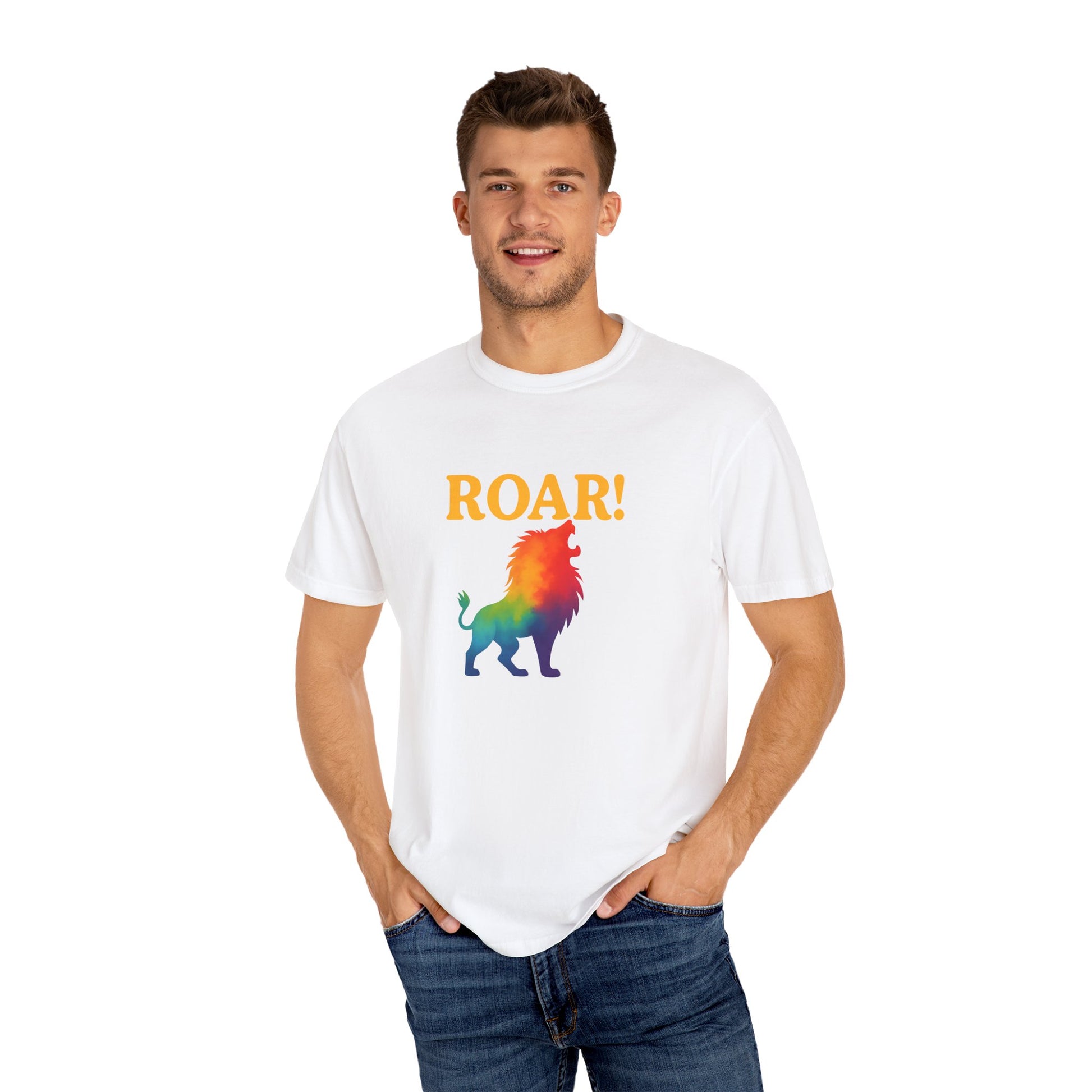 ROAR! – Retro Rainbow Lion Tee for Cosmic Confidence