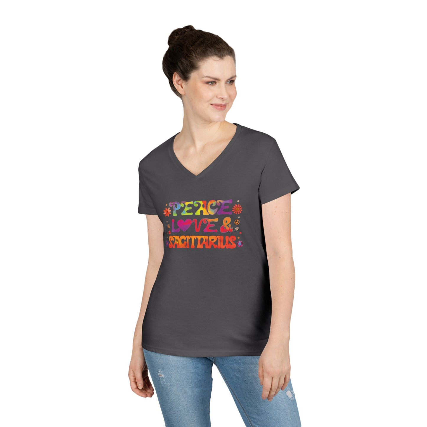 Peace Love Sagittarius Women’s V-Neck Tee – Empowering Retro Zodiac Shirt