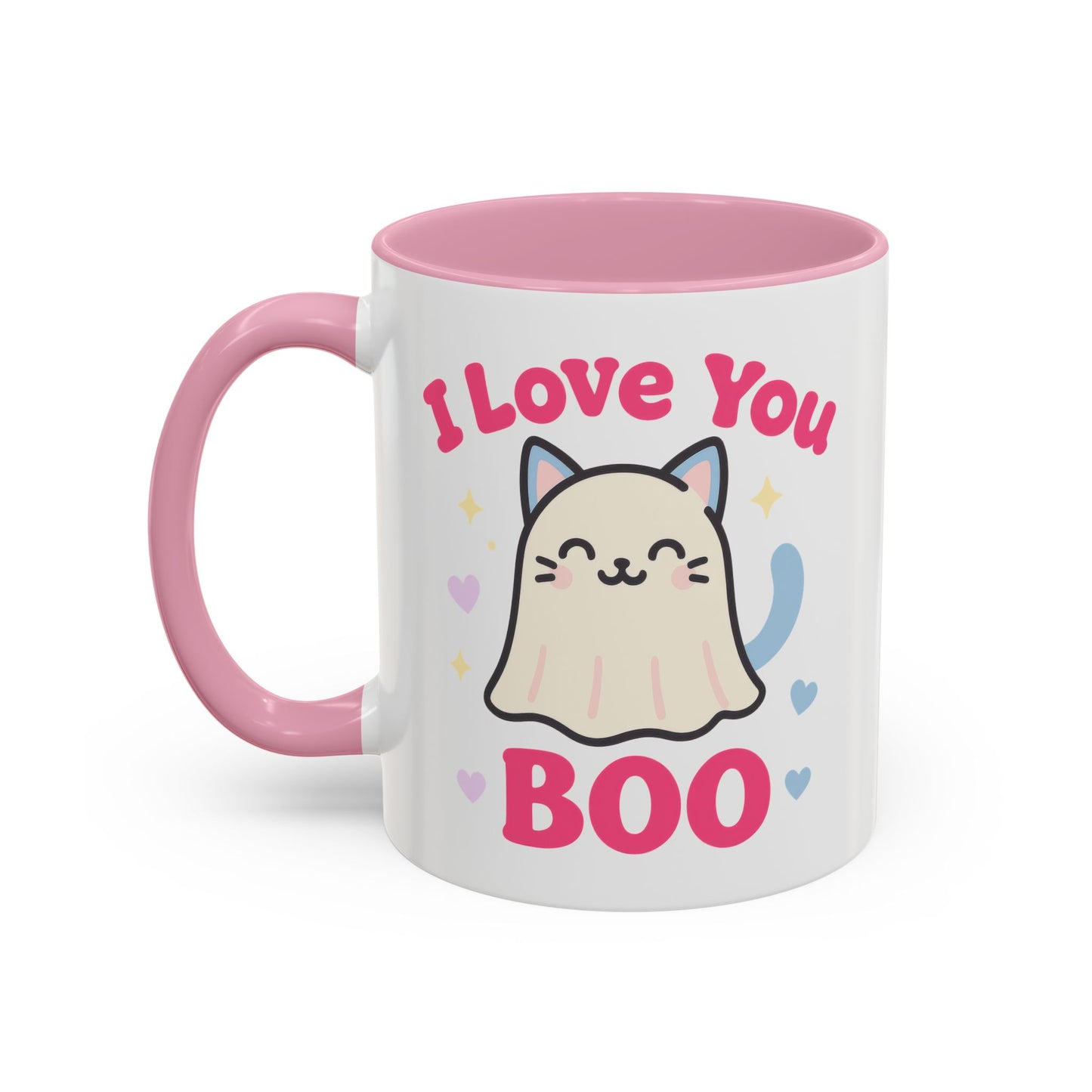 Cute Cat Ghost Mug – Adorable Kitty “I Love You Boo” Mug (Pink Accent (11oz & 15oz)