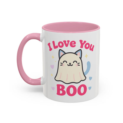 Cute Cat Ghost Mug – Adorable Kitty “I Love You Boo” Mug (Pink Accent (11oz & 15oz)