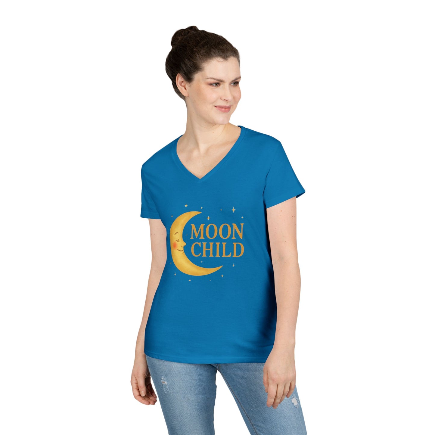 Moon Child Women’s V-Neck Tee – Empowering Celestial Lunar Zodiac Shirt